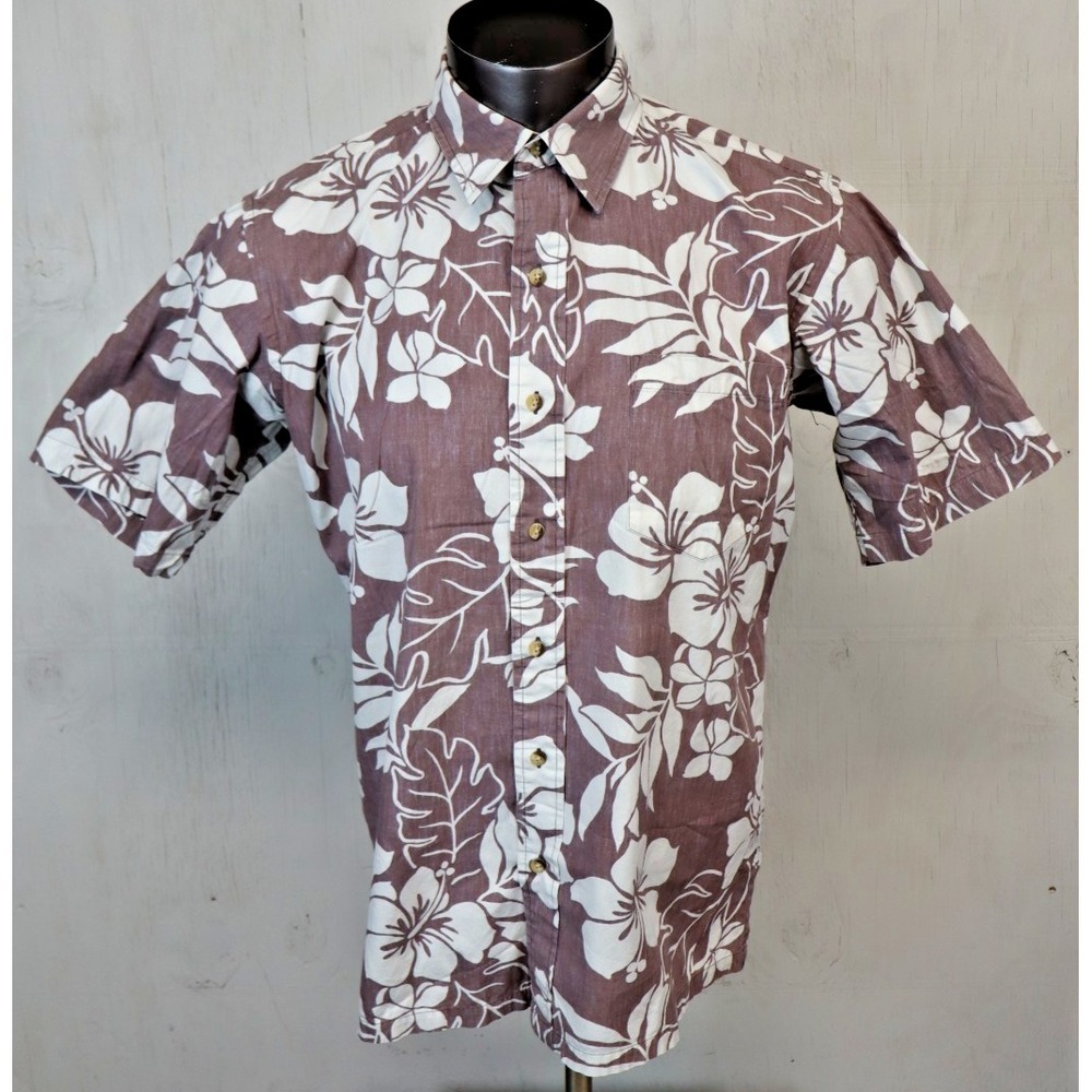 Ono Liberty House Hawaiian Shirt Button Front L Brown‎ White Floral Broadcloth
